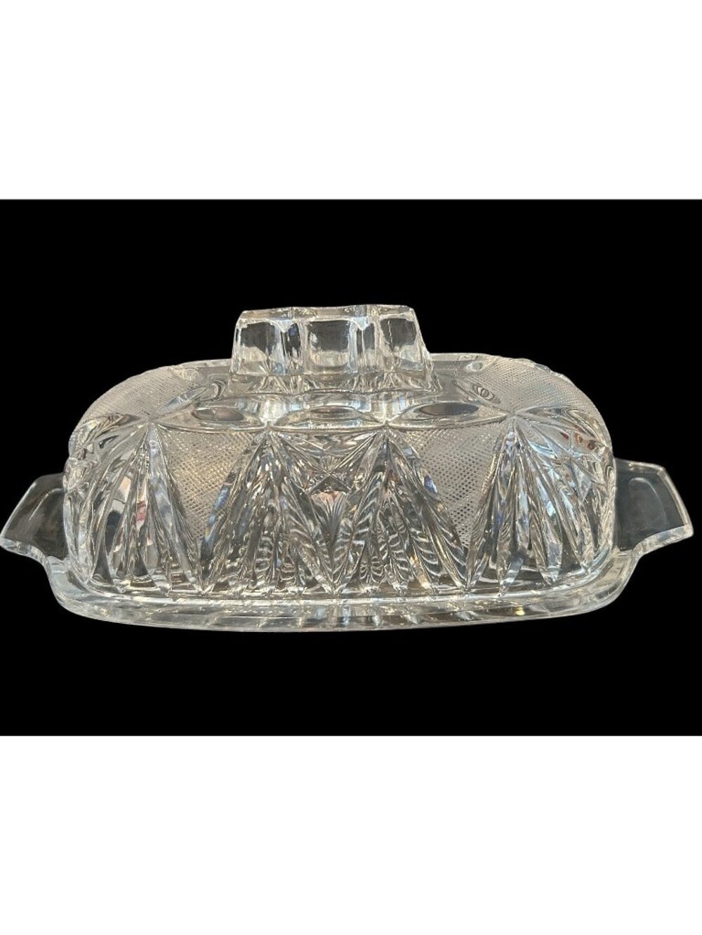 Vintage Cut Crystal Covered Butter Dish Handled Fan Diamond Star Design